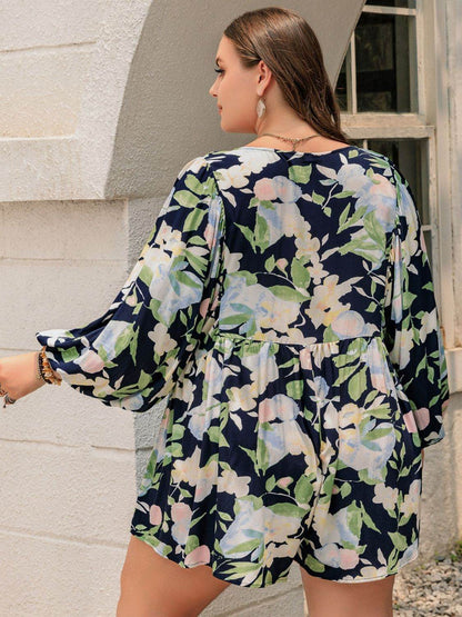 Plus Size Tied Printed Long Sleeve Romper - Selvanelle