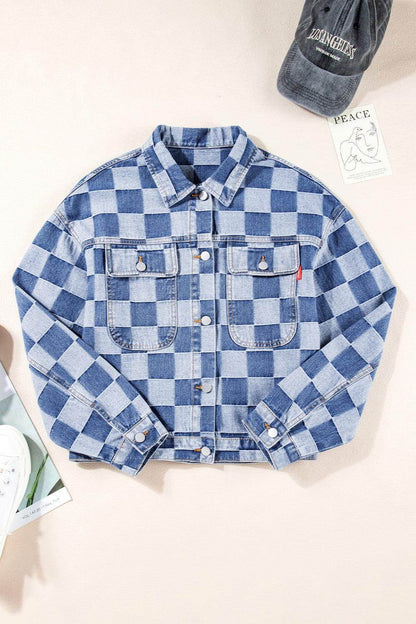 Checkered Button Up Long Sleeve Denim Jacket for Women - Selvanelle