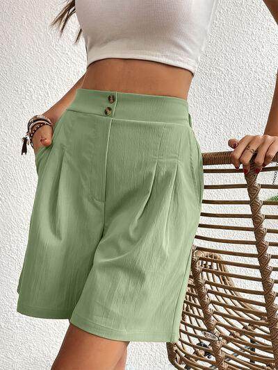 Pocketed Half Elastic Waist Shorts with Side Pockets - Selvanelle