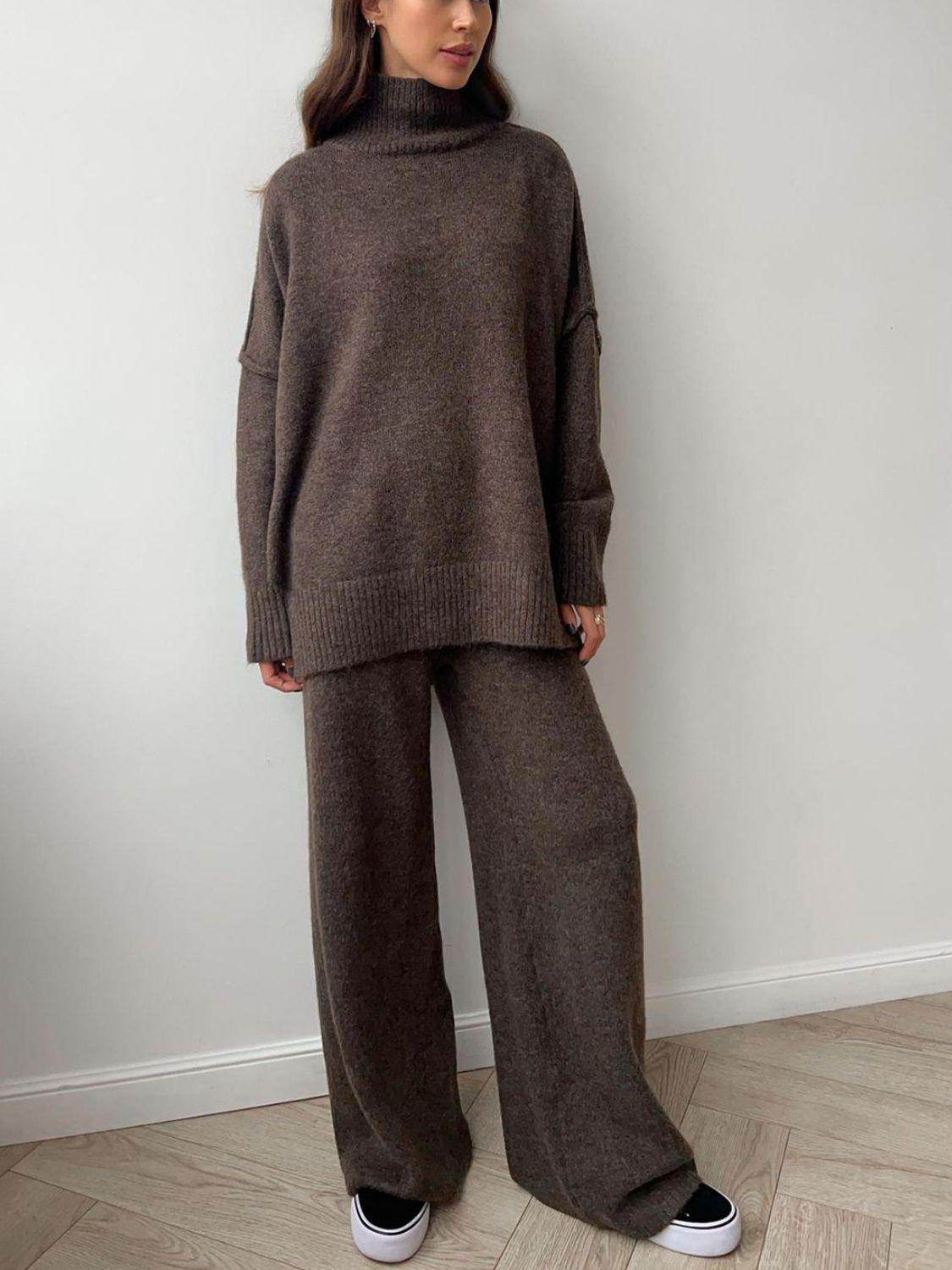 Slit Turtleneck Long Sleeve Top and Pants Sweater Set Outfit - Selvanelle