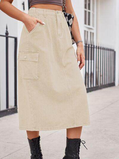 Slit Buttoned Denim Skirt with Pockets for Women - Selvanelle