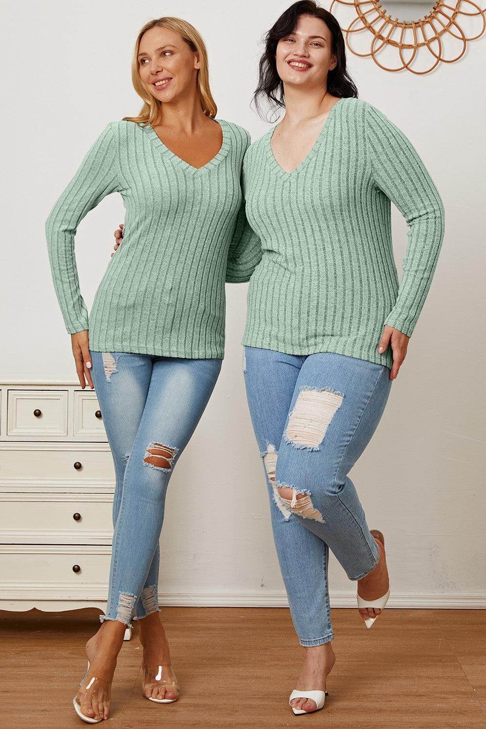 Basic Bae Full Size Ribbed V-Neck Long Sleeve T-Shirt - Selvanelle