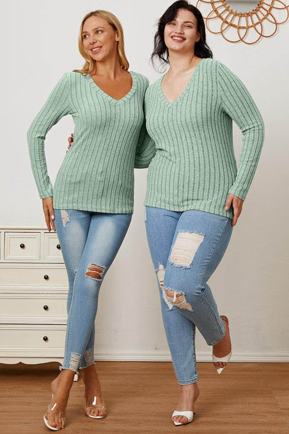 Basic Bae Full Size Ribbed V-Neck Long Sleeve T-Shirt - Selvanelle