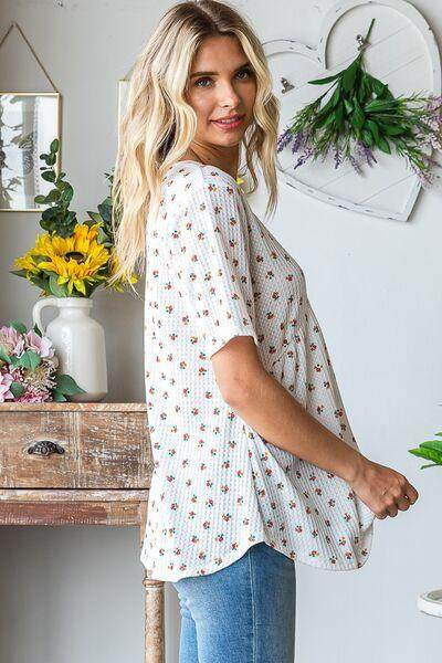 Heimish Full Size Crisscross Ditsy Floral Babydoll Top Plus Size - Selvanelle