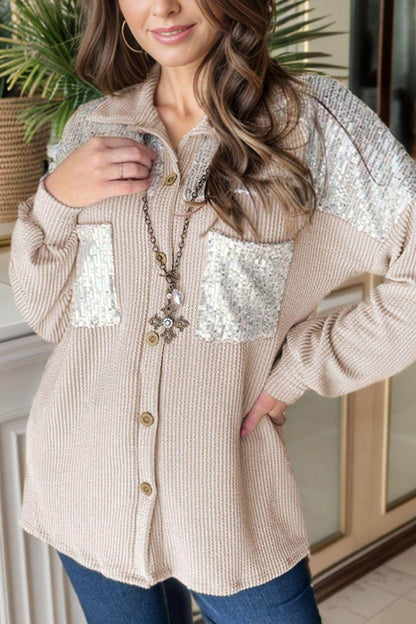 Sequin Button Up Dropped Shoulder Jacket for Women - Selvanelle