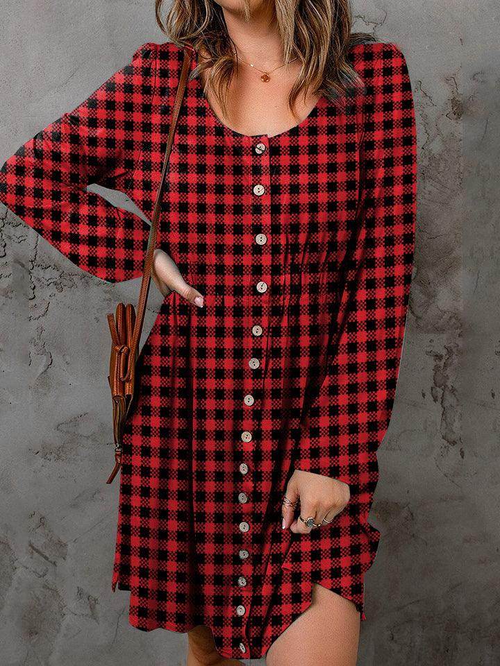 Double Take Full Size Plaid Round Neck Long Sleeve Magic Dress - Selvanelle