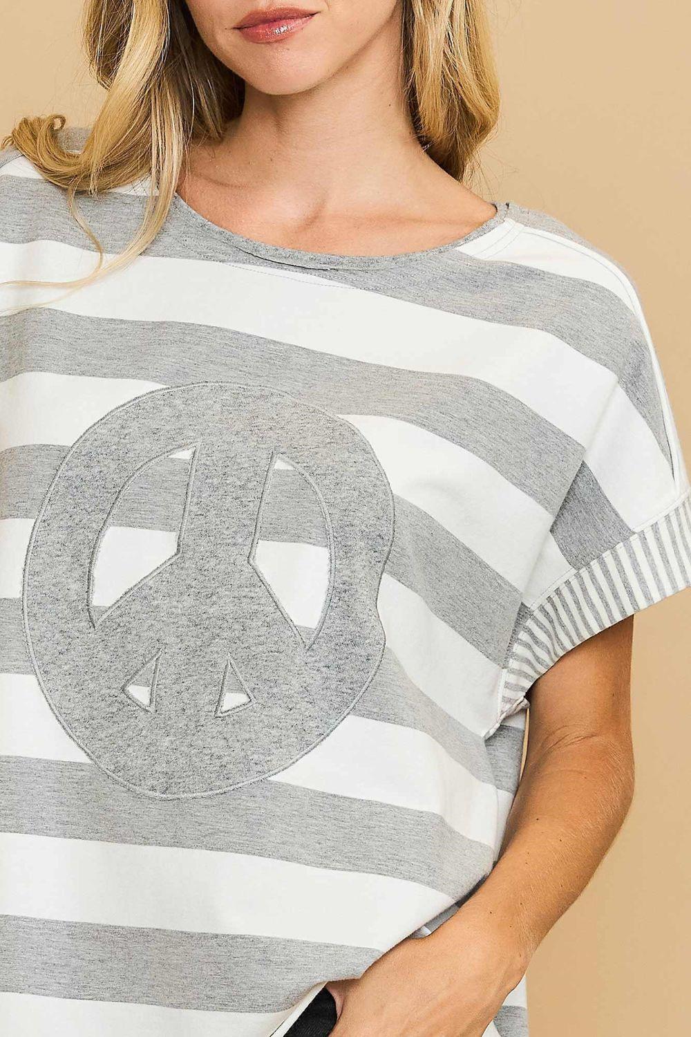 Umgee Peace Sign Patch Striped French Terry T-Shirt for Women