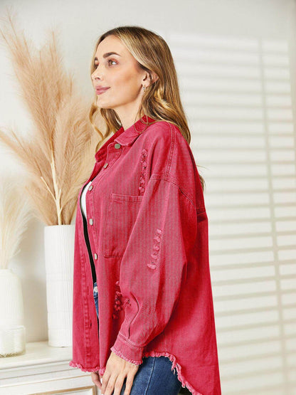 Distressed Raw Hem Denim Jacket for Relaxed Fit Style - Selvanelle