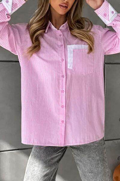 Striped Collared Neck Long Sleeve Shirt for Stylish Comfort - Selvanelle
