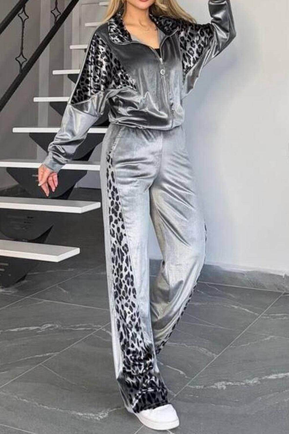 Full Size Collared Neck Leopard Zip Up Top and Pants Set Plus Size - Selvanelle