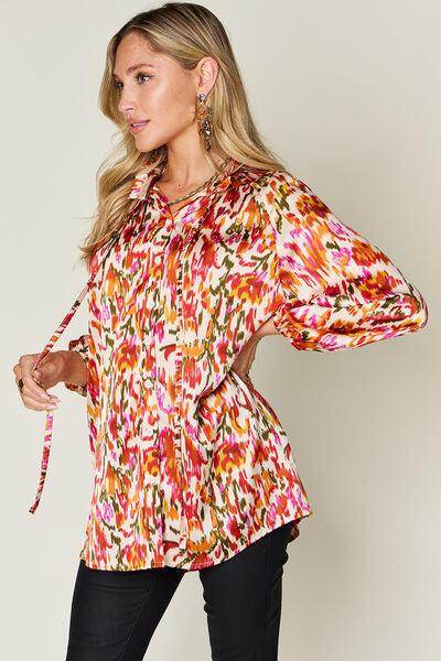 Double Take Full Size Printed Button Up Long Sleeve Shirt - Selvanelle