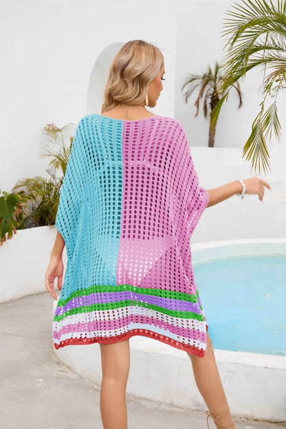 Contrast Scoop Neck Openwork Half Sleeve Cover Up - Selvanelle