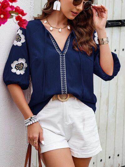 Embroidered Tie Neck Puff Sleeve Blouse for Women Stylish - Selvanelle