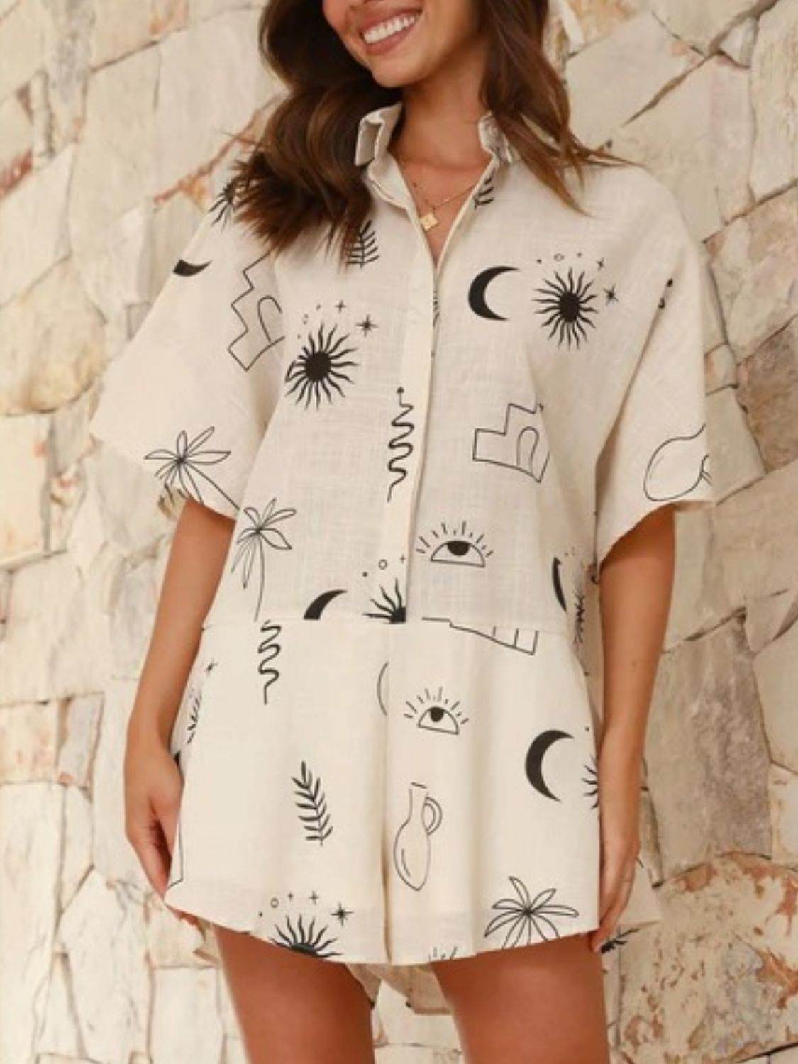 Printed Collared Neck Half Sleeve Romper - Selvanelle