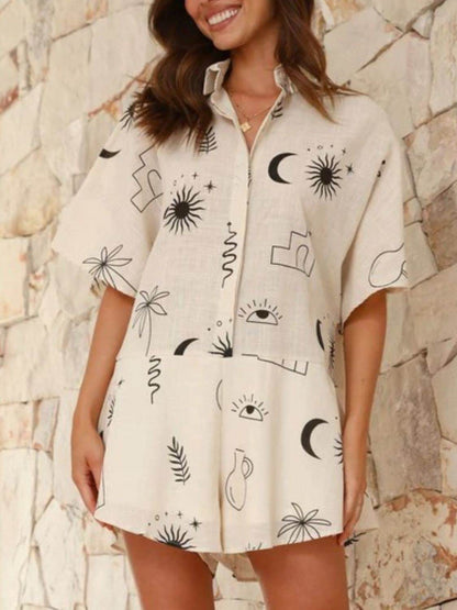 Printed Collared Neck Half Sleeve Romper - Selvanelle