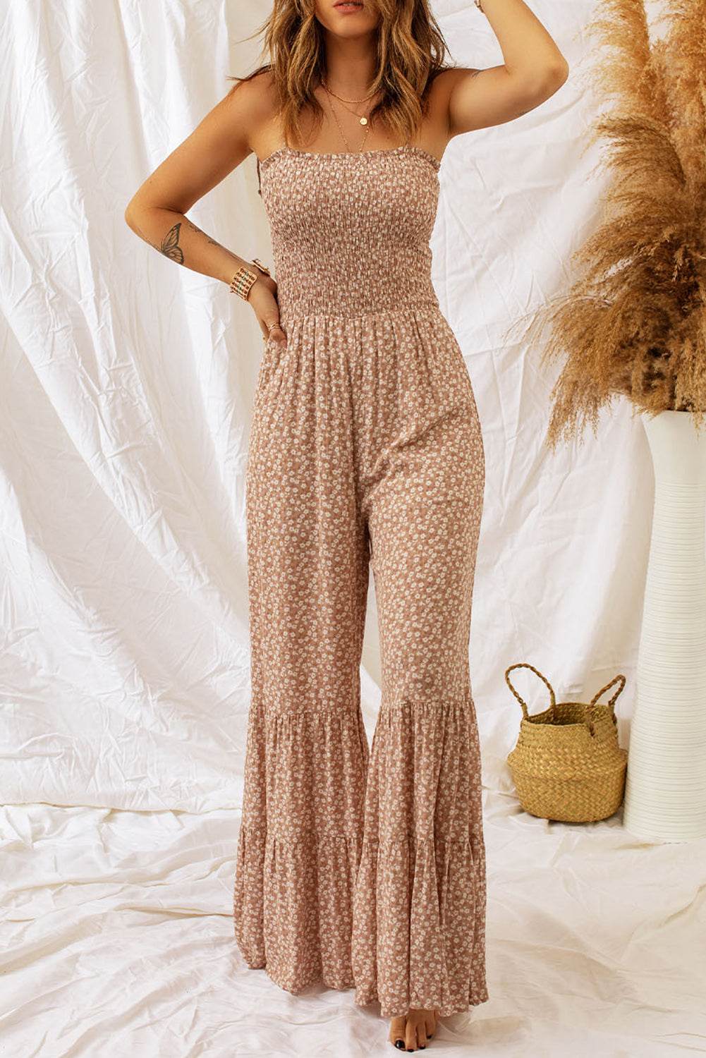 Floral Spaghetti Strap Smocked Wide Leg Jumpsuit - Selvanelle
