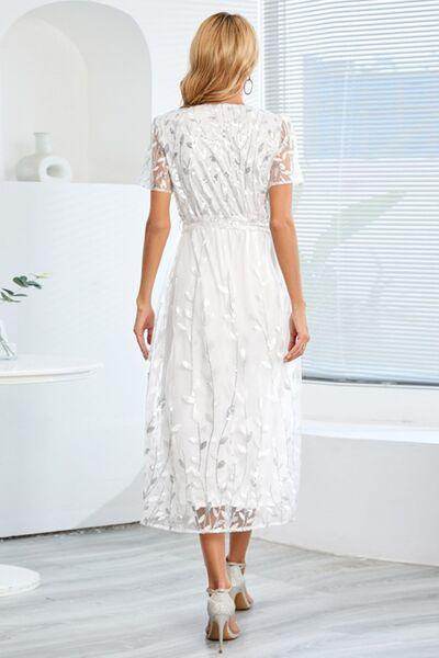 Sequin Leaf Embroidery Tie Front Short Sleeve Dress for Women - Selvanelle