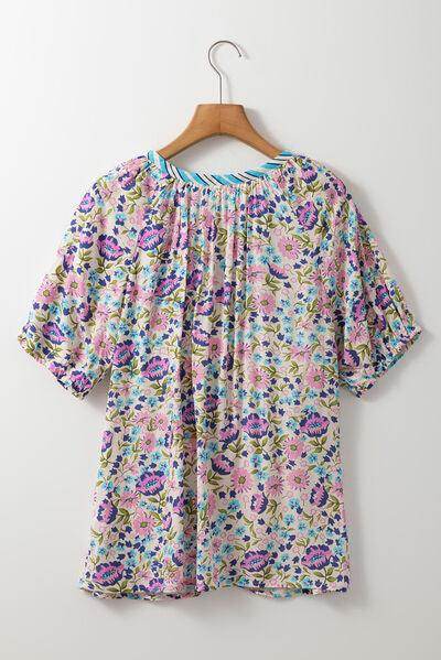 Floral Tie Neck Half Sleeve Blouse for Women Stylish Wear - Selvanelle