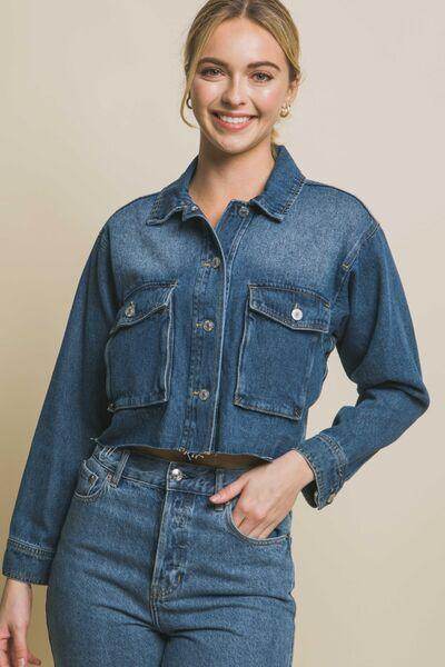 Love Tree Raw Hem Button Up Cropped Denim Jacket for Women - Selvanelle
