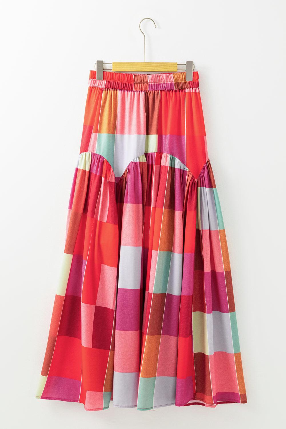 Color Block Elastic Waist Maxi Skirt for Women Fashion