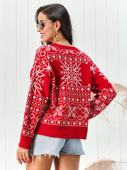 Snowflake Pattern Round Neck Sweater for Cozy Winter Style - Selvanelle