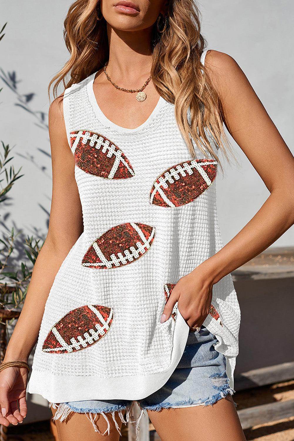 Sequin Football Round Neck Tank for Stylish Game Days - Selvanelle