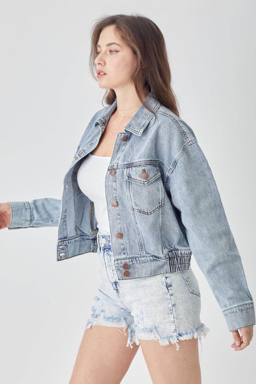 RISEN Full Size Button Down Cropped Denim Jacket for Women - Selvanelle