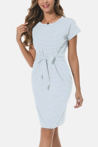 Tie Front Round Neck Short Sleeve Dress for Women - Selvanelle