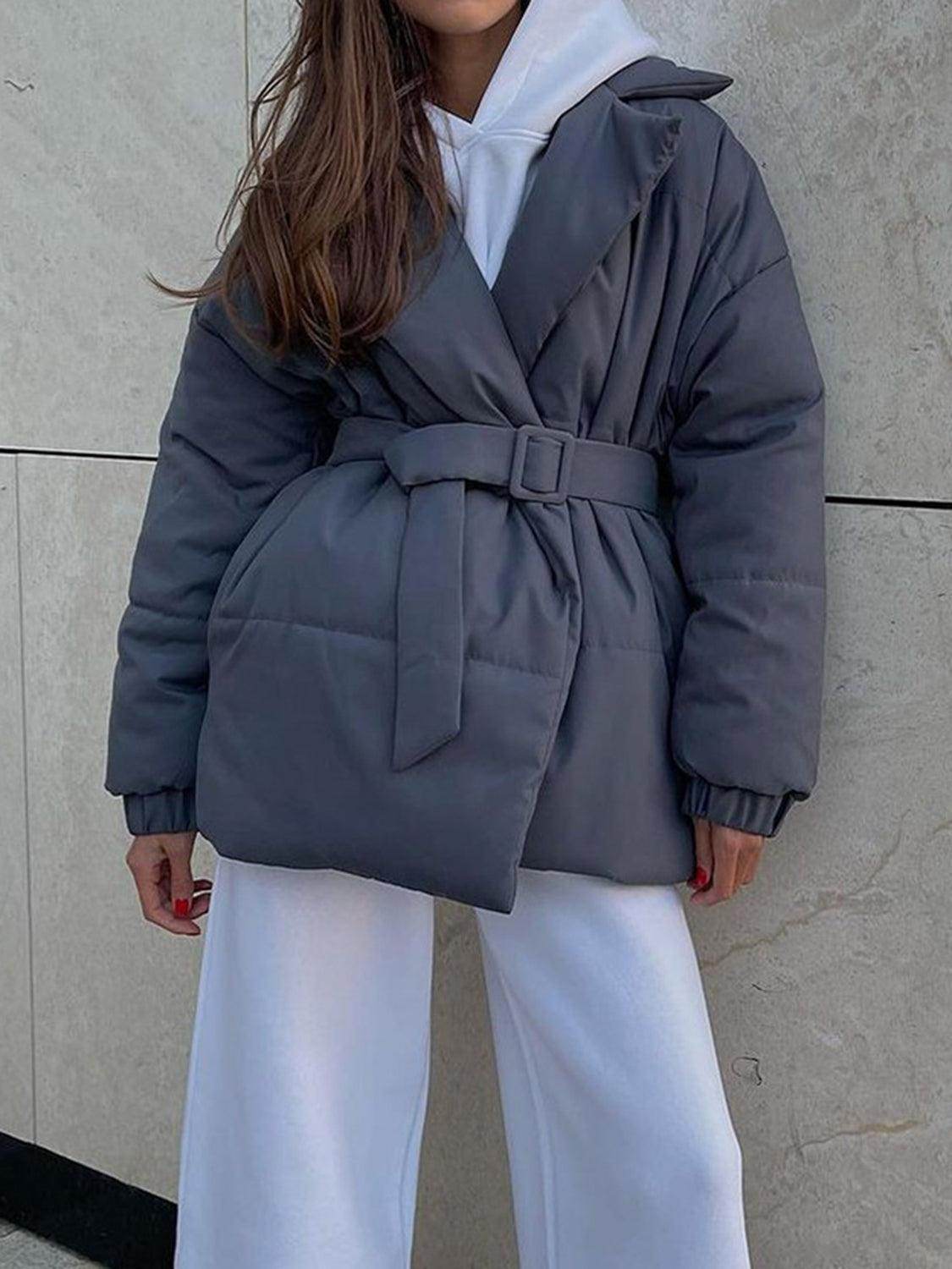 Puffer Long Sleeve Winter Coat with Belt for Women - Selvanelle