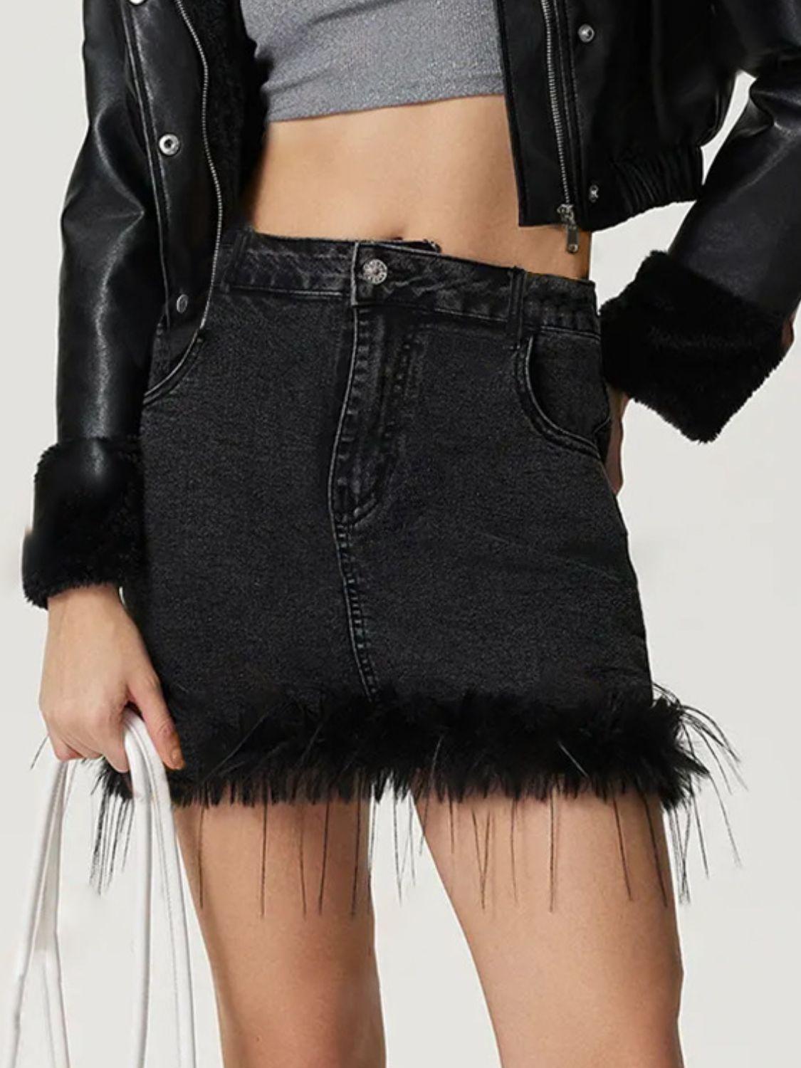 Plush Hem Mini Denim Skirt with Pockets and Stretchy Fit