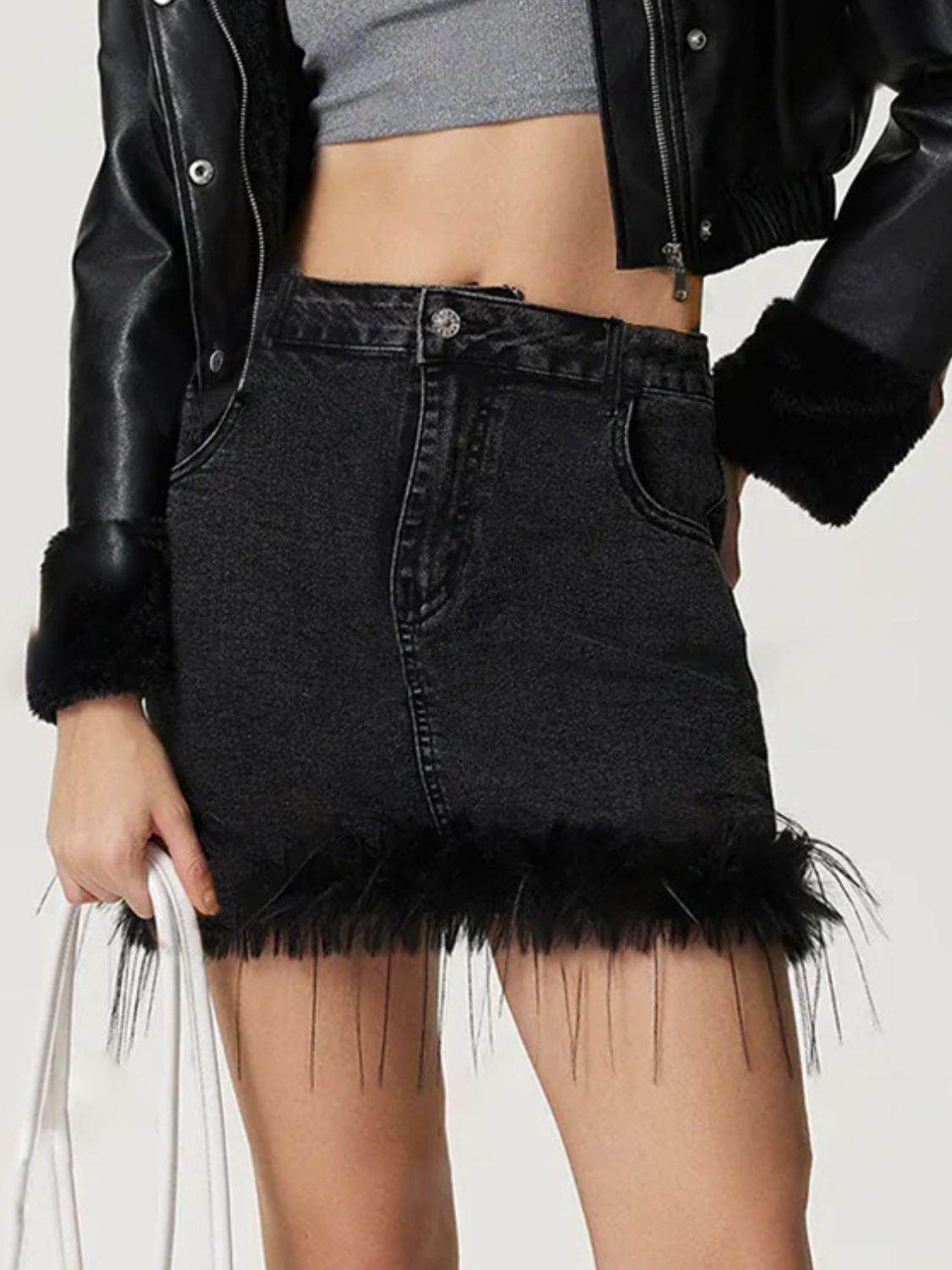 Plush Hem Mini Denim Skirt with Pockets and Stretchy Fit - Selvanelle