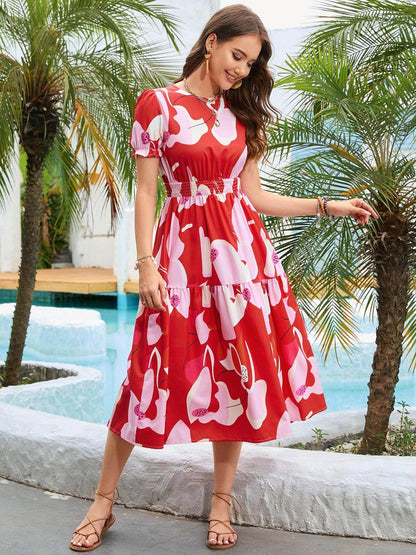 Printed Round Neck Flounce Sleeve Midi Dress for Women - Selvanelle