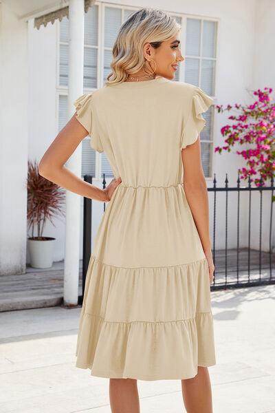 Ruched Notched Cap Sleeve Dress with Pockets and Stretch - Selvanelle