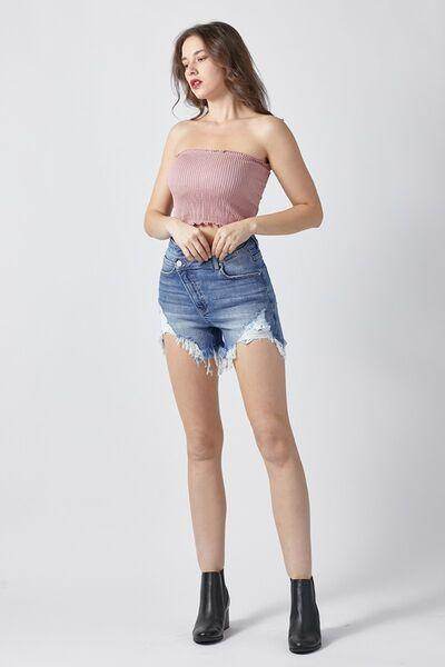 RISEN Raw Hem Asymmetrical Waist Denim Shorts for Women - Selvanelle