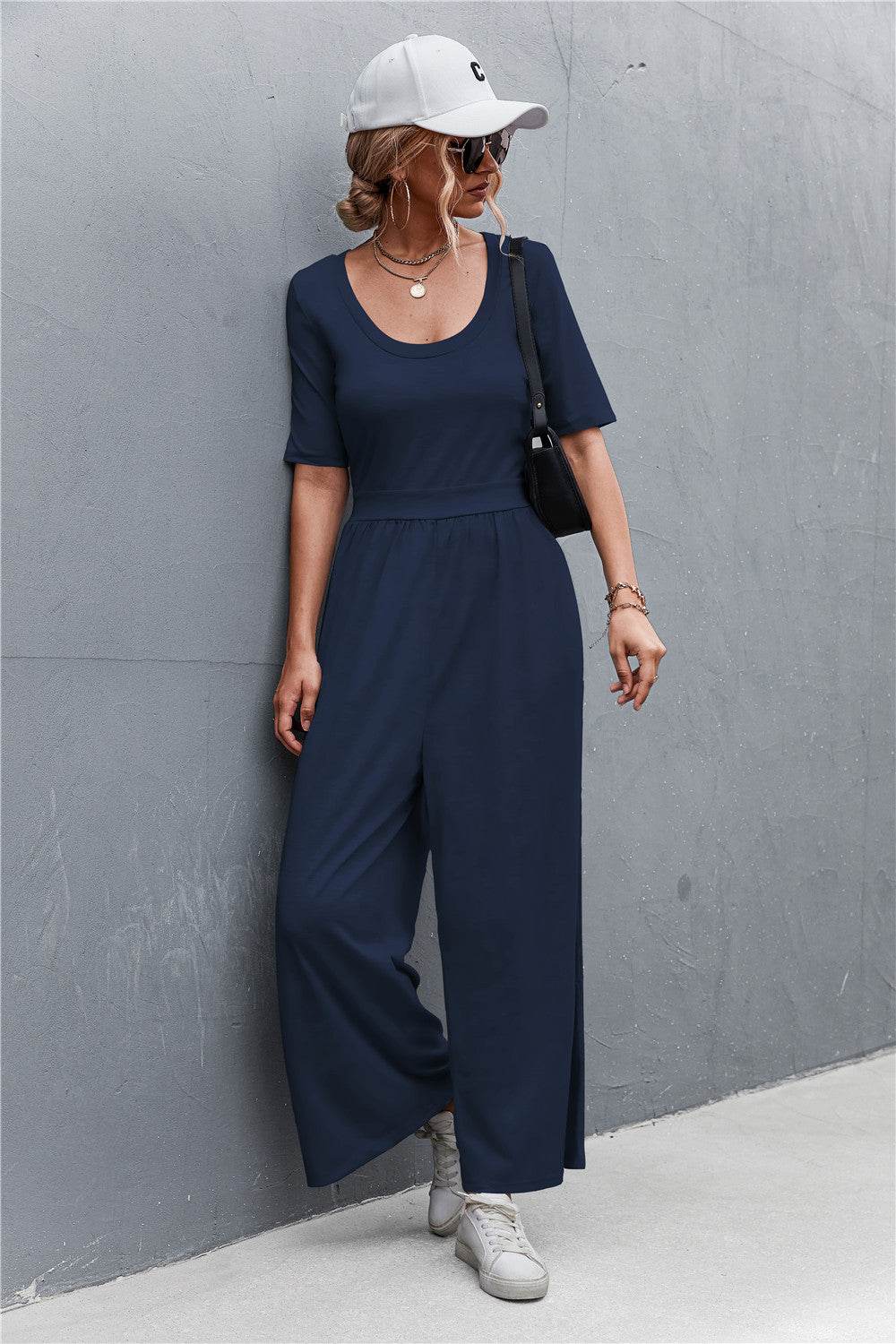 Scoop Neck Half Sleeve Wide Leg Jumpsuit - Selvanelle