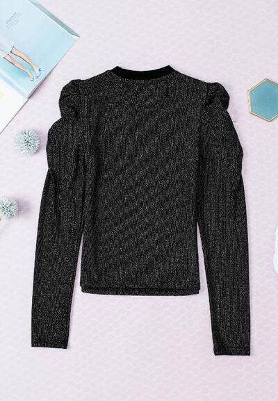 Metallic Round Neck Puff Sleeve Blouse for Stylish Elegance - Selvanelle