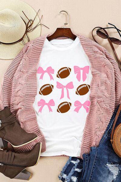 Football & Bow Round Neck Short Sleeve T-Shirt for Women - Selvanelle