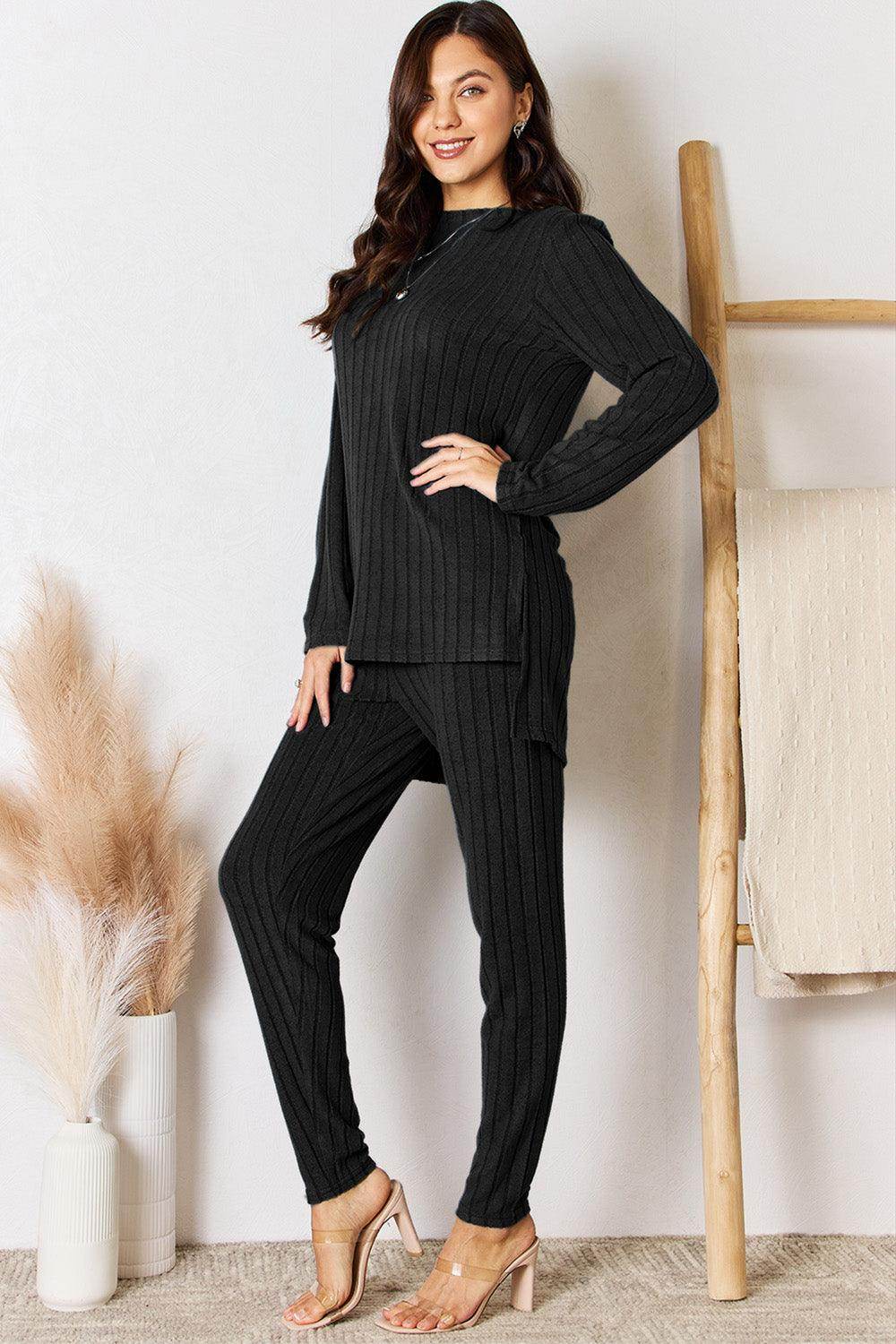 Basic Bae Full Size Ribbed Round Neck High-Low Slit Top Set - Selvanelle