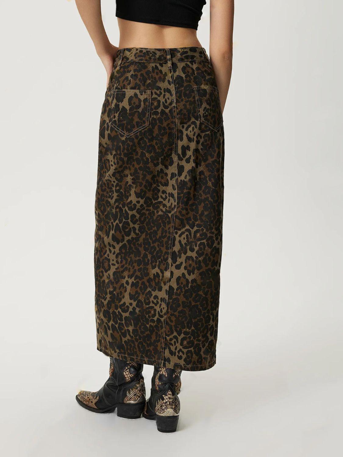 Leopard Button Up Denim Skirt with Pockets and Slit