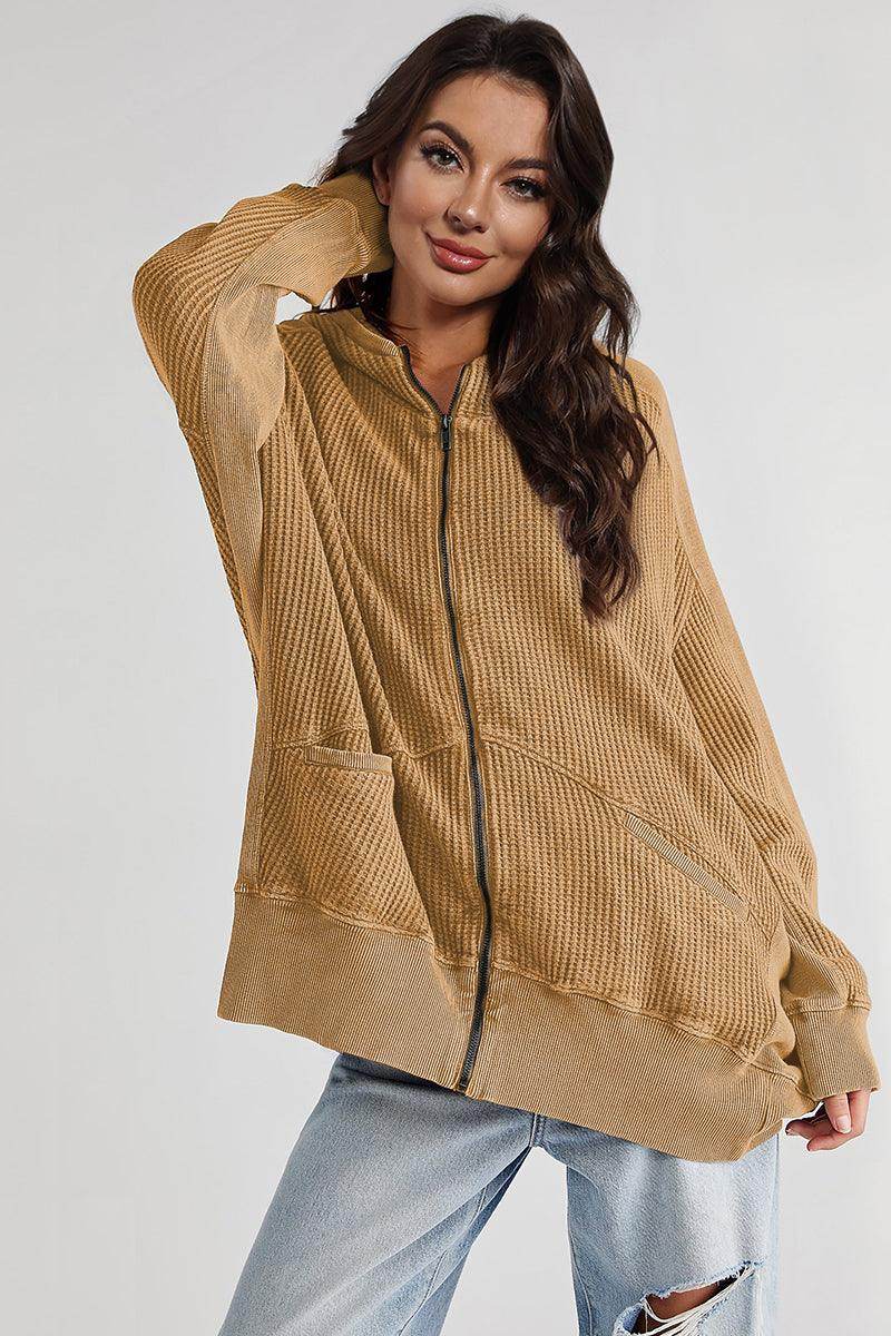 Zip-Up Long Sleeve Jacket with Hood and Pockets for Comfort - Selvanelle