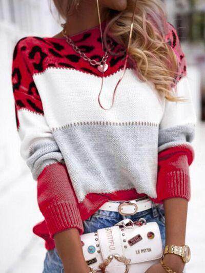 Leopard Color Block Round Neck Long Sleeve Sweater for Women - Selvanelle
