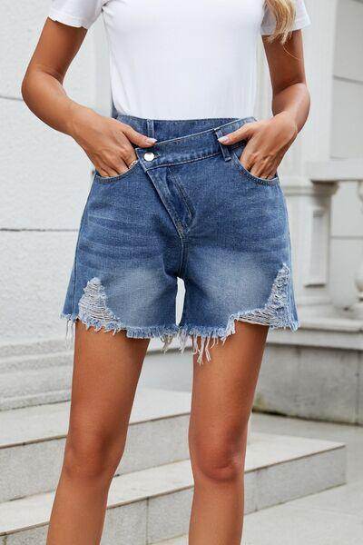 Distressed Raw Hem Asymmetric Waist Denim Shorts for Women - Selvanelle