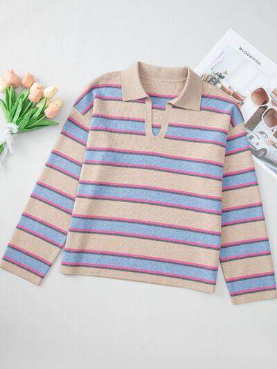 Johnny Collar Long Sleeve Stripe Sweater for Women - Selvanelle