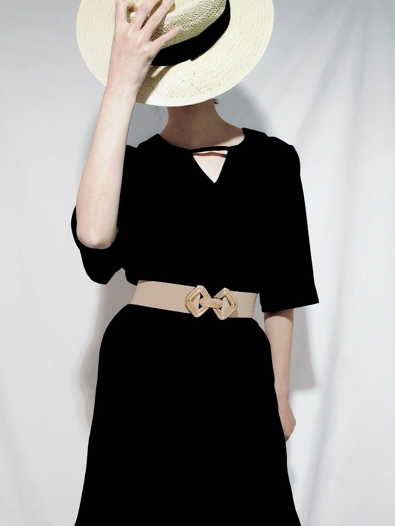 Geometric Buckle Elastic Wide Belt for Stylish Comfort - Selvanelle