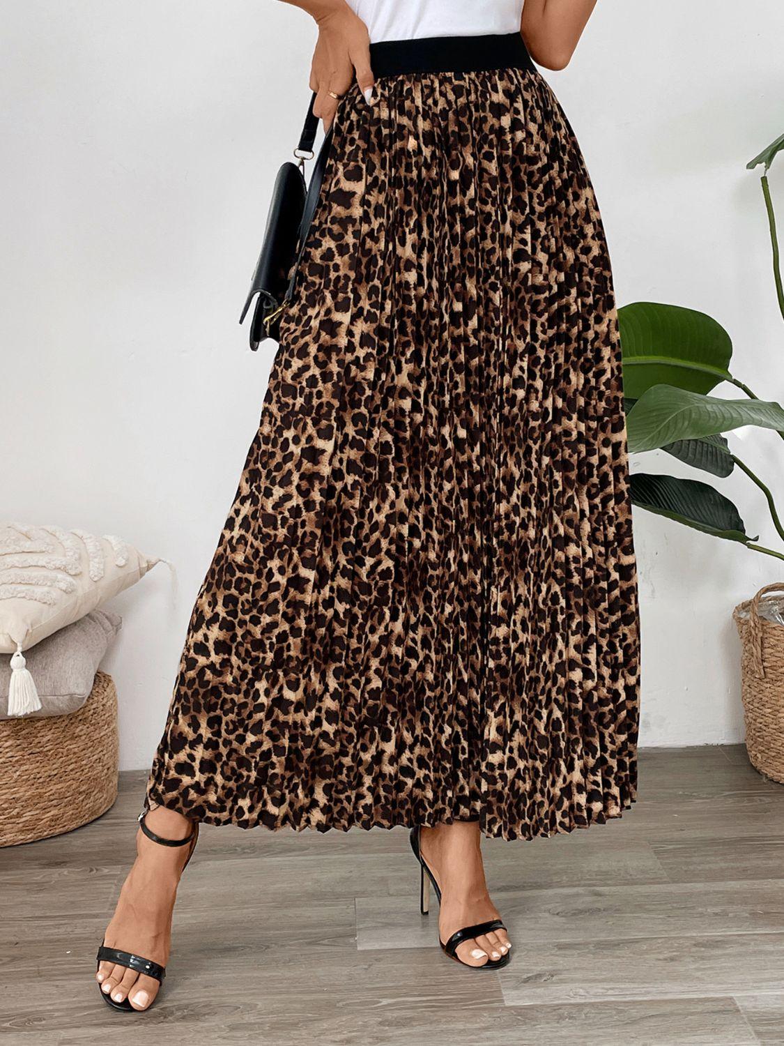 Perfee Pleated Leopard Maxi Skirt for Women Fashion Style