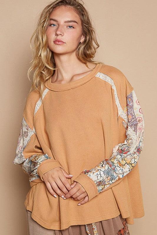 POL Waffle-Knit Lace Detail Round Neck Top for Women