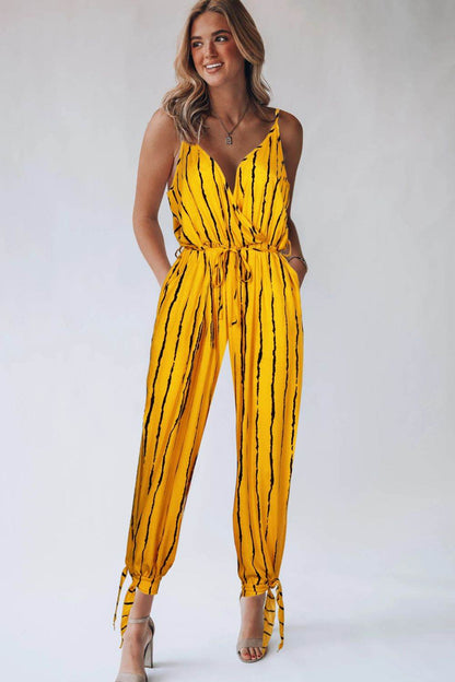 Striped Contrast Tie Ankle Spaghetti Strap Jumpsuit - Selvanelle