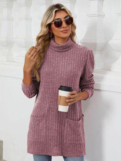 Slit Mock Neck Long Sleeve T-Shirt for Women with Pocket - Selvanelle