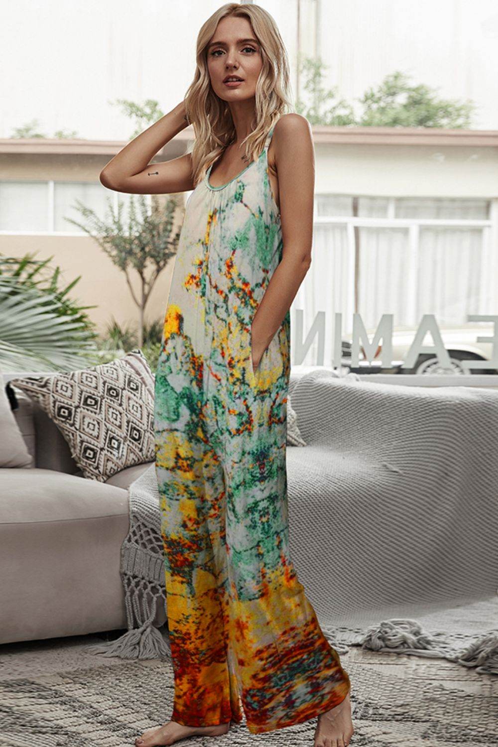 Shiny Tie-Dye Spaghetti Strap Jumpsuit with Pockets - Selvanelle