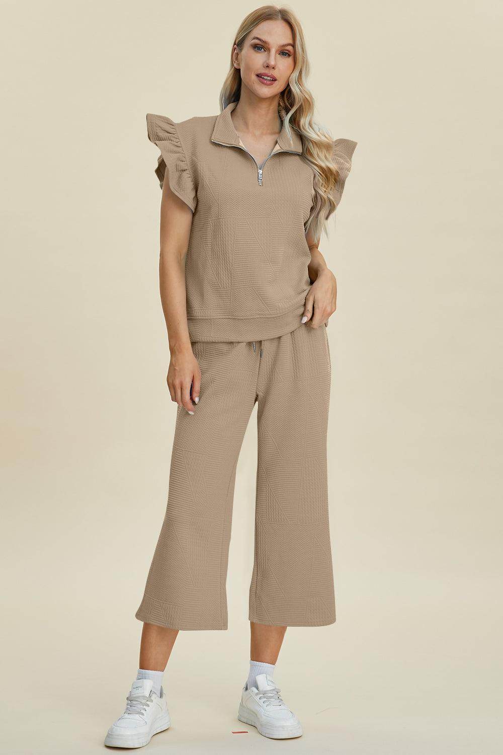 Double Take Full Size Texture Ruffle Top and Pants Set - Selvanelle